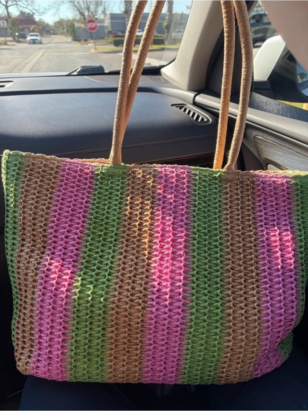 Oversized Woven Striped Tote/Beach Bag in Pink, Green & Tan